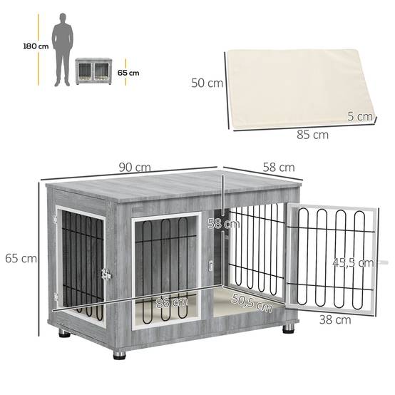 Cage chien intérieur Acier Bois Table d'appoint avec Coussin 90x58x65cm Gris - ComfortXL Outdoor Living - Image 5