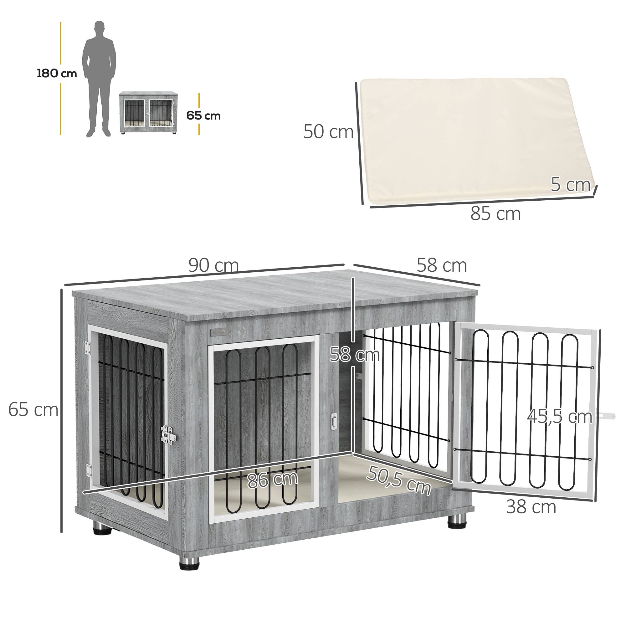 Cage chien intérieur Acier Bois Table d'appoint avec Coussin 90x58x65cm Gris - ComfortXL Outdoor Living - Image 5