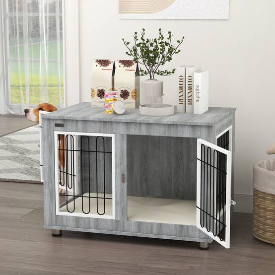 Cage chien intérieur Acier Bois Table d'appoint avec Coussin 90x58x65cm Gris - ComfortXL Outdoor Living - Image 10