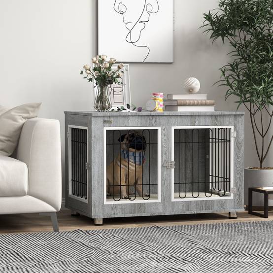 Cage chien intérieur Acier Bois Table d'appoint avec Coussin 90x58x65cm Gris - ComfortXL Outdoor Living - Image 3