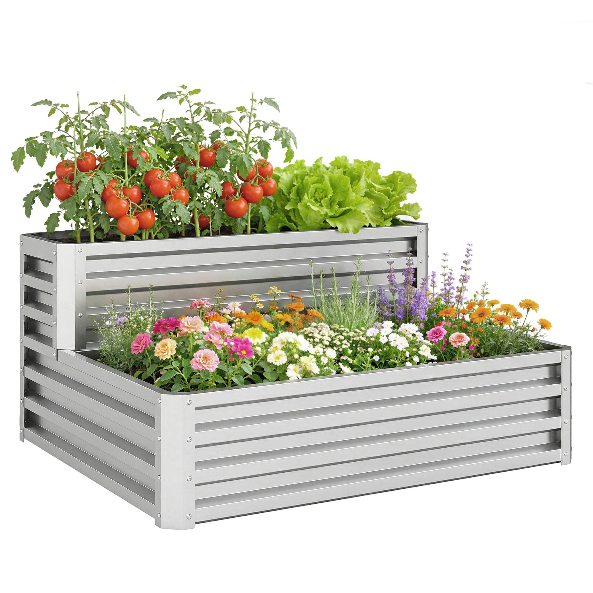 Jardinière d'extérieur en acier galvanisé avec structure en forme d'échelle, base ouverte pour la culture de plantes, 120 x 101 x 58 cm, argent - Image 1
