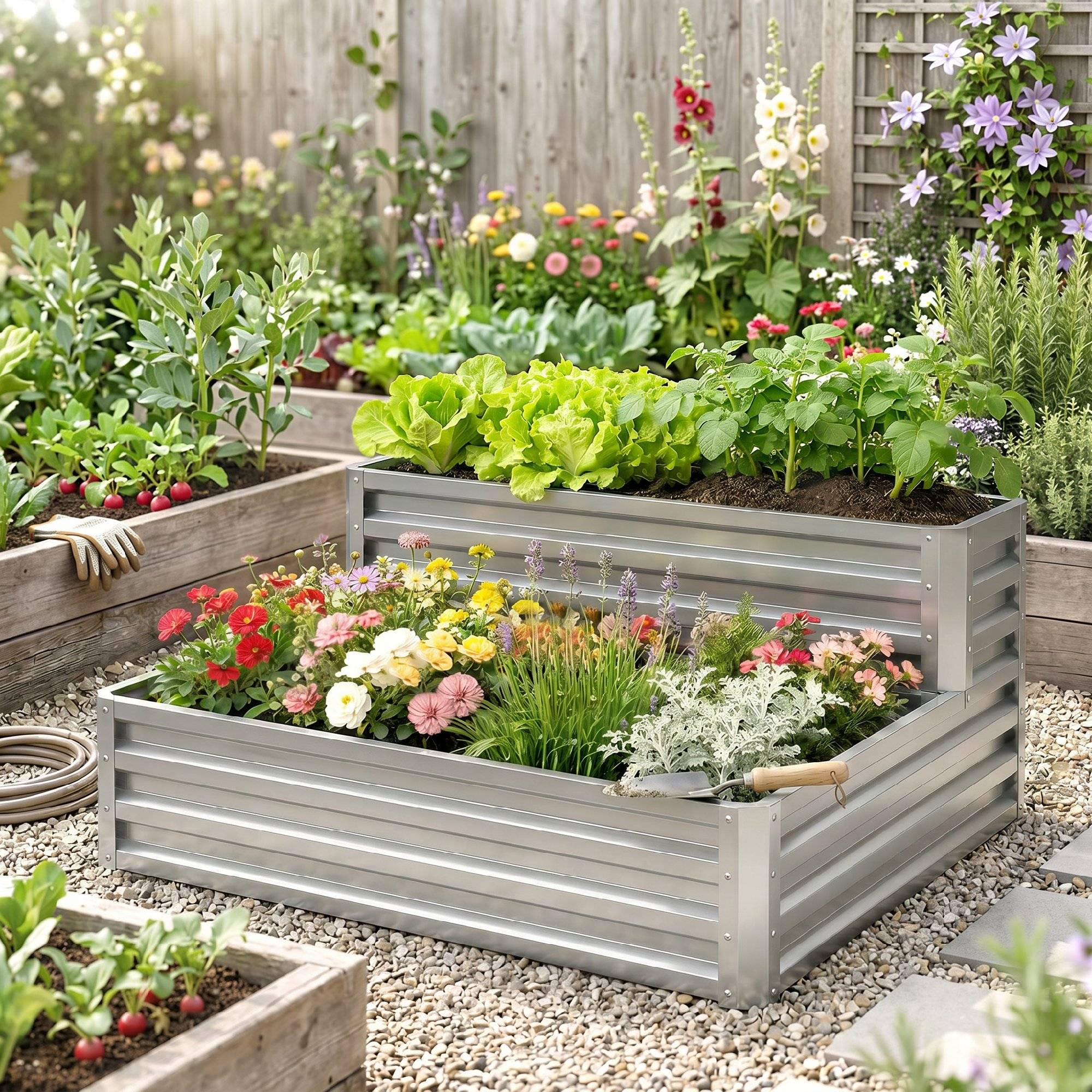 Jardinière d'extérieur en acier galvanisé avec structure en forme d'échelle, base ouverte pour la culture de plantes, 120 x 101 x 58 cm, argent - Image 9
