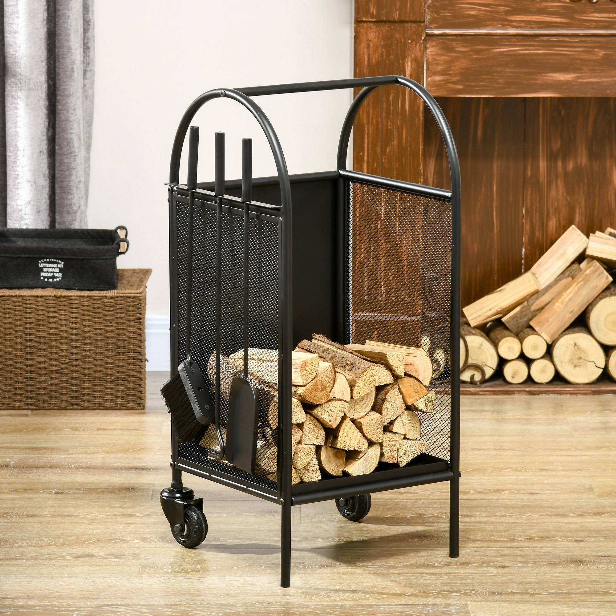 ComfortXL - Range-bûches à roulettes métal intérieur extérieur avec accessoires 80cm noir - ComfortXL Outdoor Living - Image 9