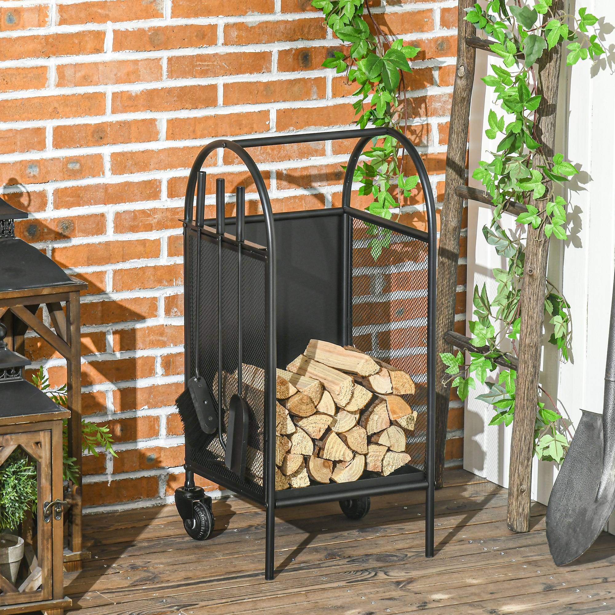 ComfortXL - Range-bûches à roulettes métal intérieur extérieur avec accessoires 80cm noir - ComfortXL Outdoor Living - Image 3
