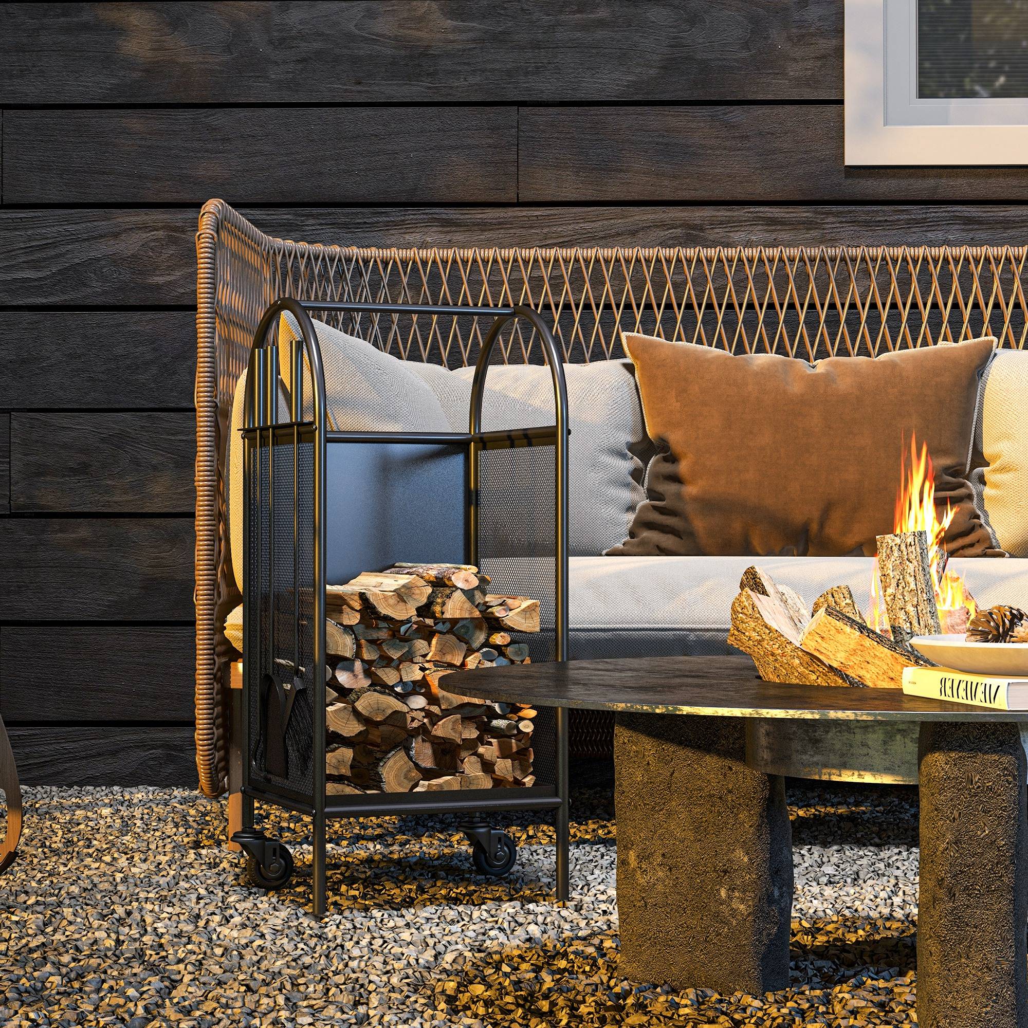 ComfortXL - Range-bûches à roulettes métal intérieur extérieur avec accessoires 80cm noir - ComfortXL Outdoor Living - Image 4