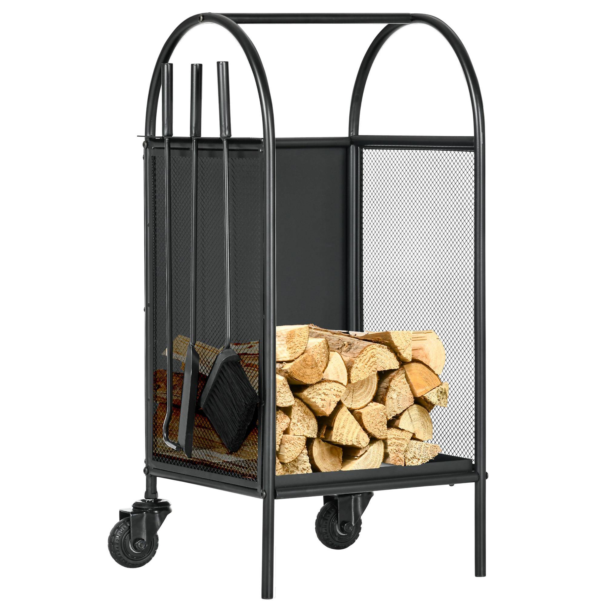 ComfortXL - Range-bûches à roulettes métal intérieur extérieur avec accessoires 80cm noir - ComfortXL Outdoor Living - Image 1