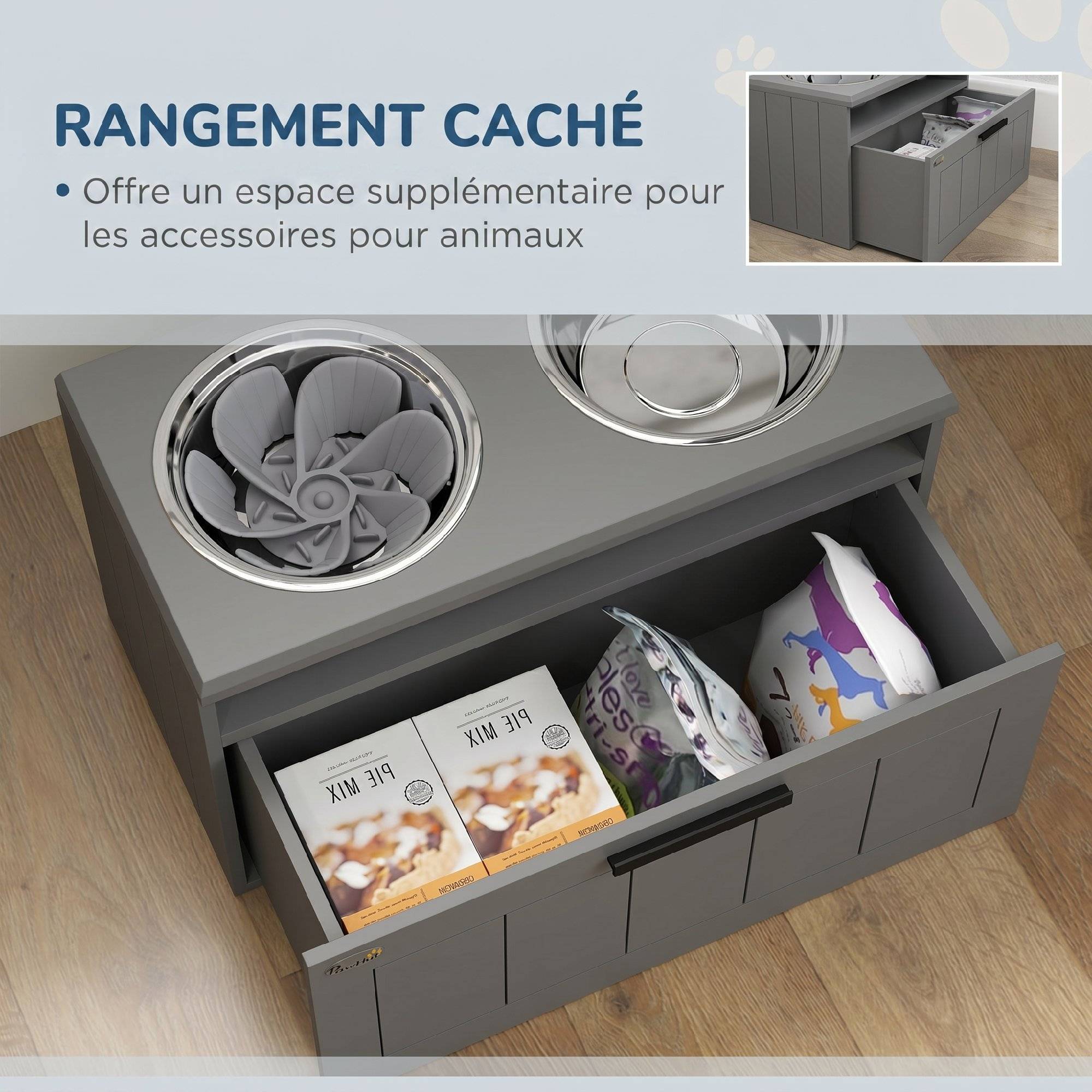 ComfortXL - Gamelle surélevée anti-glouton pour grand chien en MDF gris 60 x 30 x 35 cm avec 2 bols inox et tiroir - Image 6