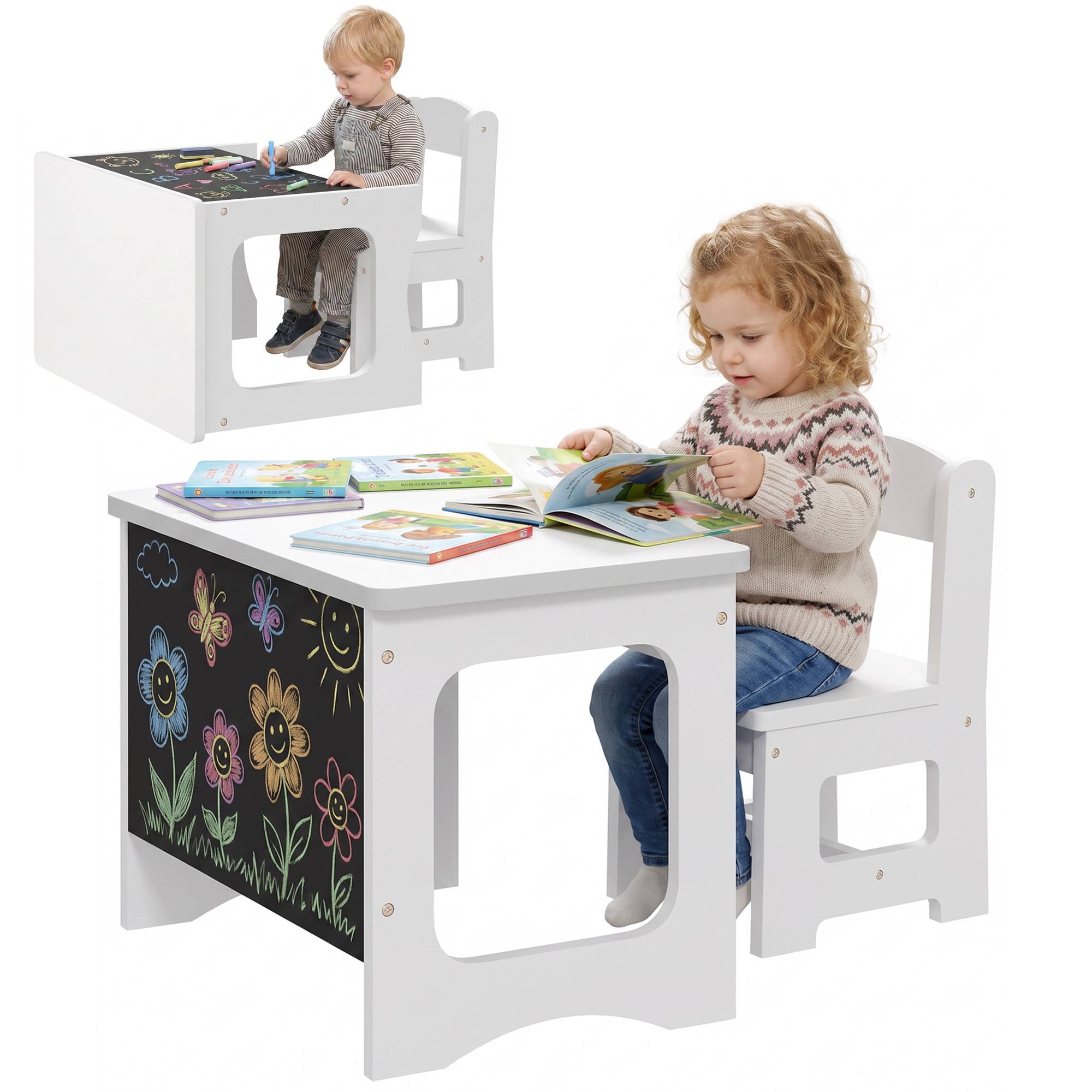 Table enfant avec chaise plateau réversible, ardoise dessin, 3-6 ans, blanc - Image 1