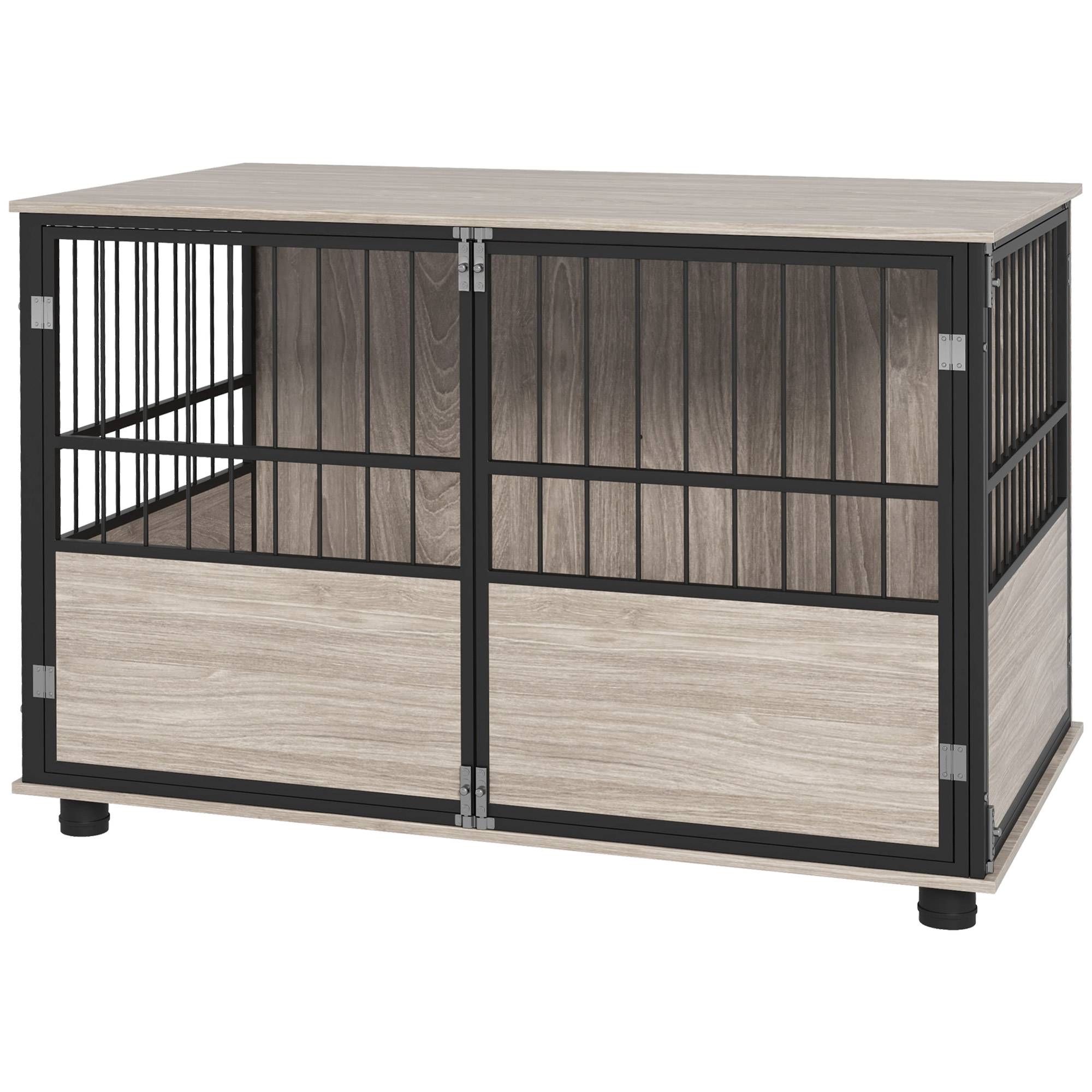 Sans Marque - Cage pour chien intérieur, table d'appoint, 100 x 60 x 68 cm, niche, 3 portes verrouillables, aspect bois noir - Image 1