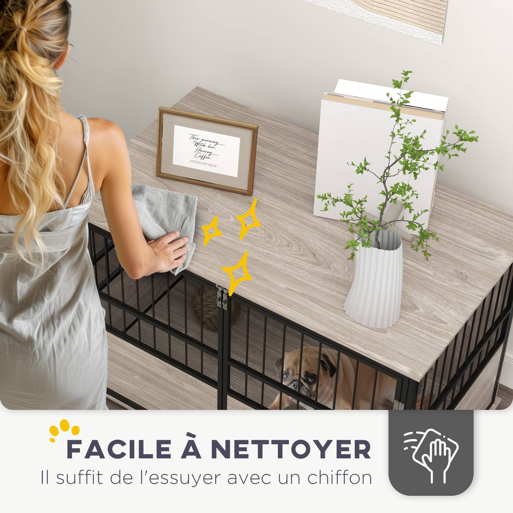 Sans Marque - Cage pour chien intérieur, table d'appoint, 100 x 60 x 68 cm, niche, 3 portes verrouillables, aspect bois noir - Image 8