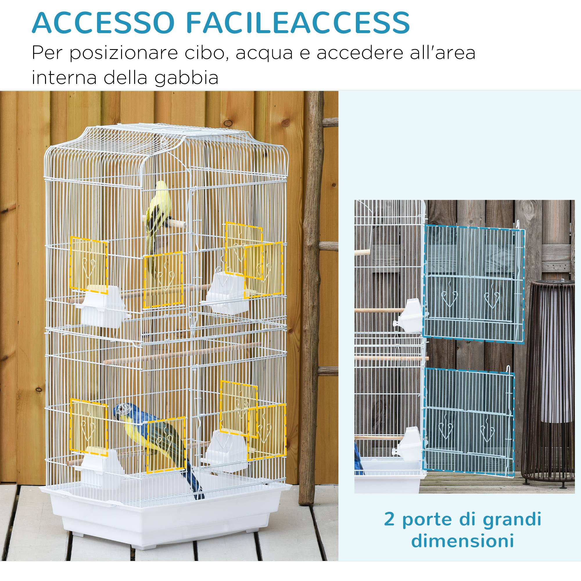 Cage pour oiseaux portable avec poignée, bac amovible et portes, perchoirs, balançoire et mangeoires, 46,5x35,5x92 cm, blanc - Image 6
