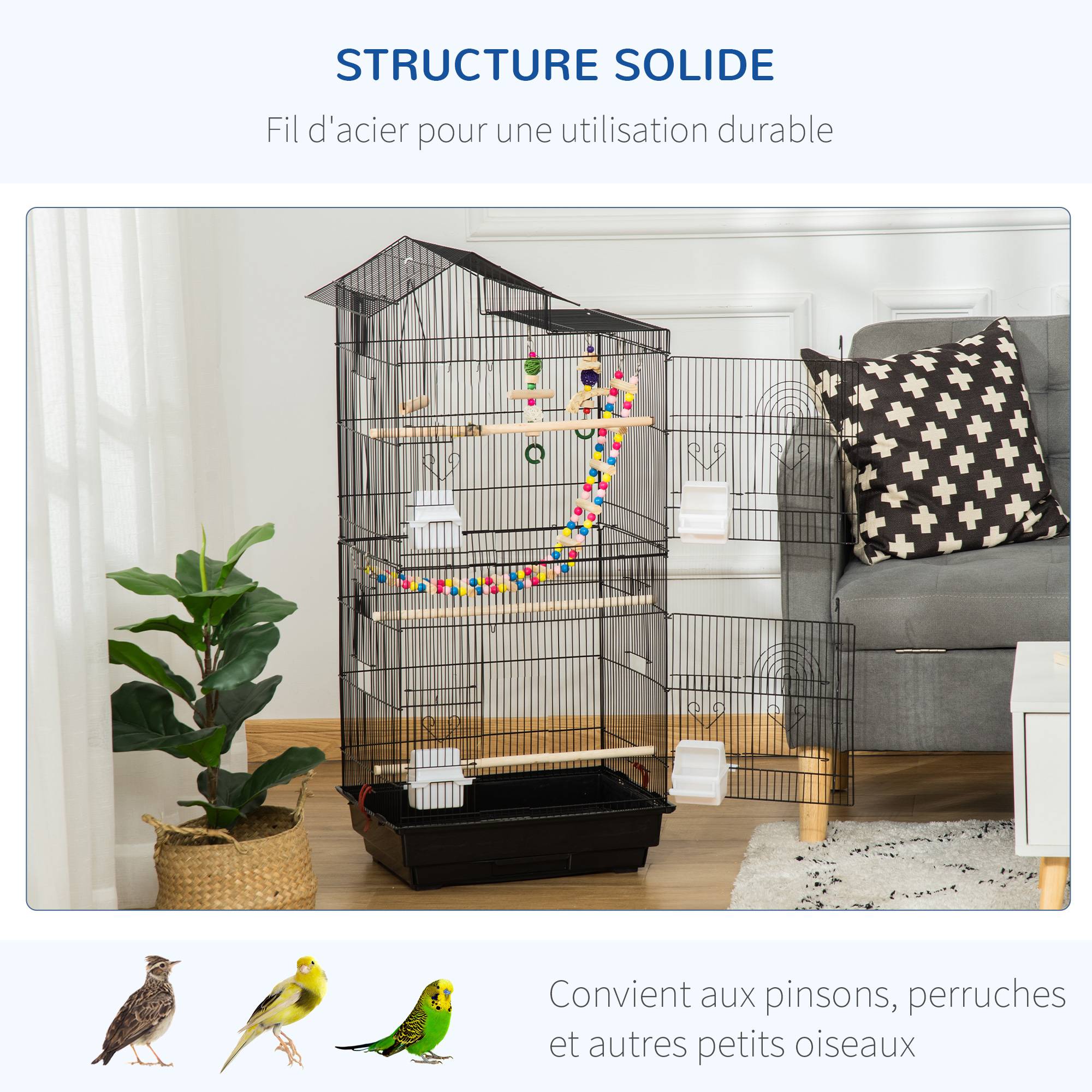 Cage à oiseaux 46 x 36 x 100 cm 4 mangeoires 3 perchoirs cage pour perruche calopsitte conure pinson canaris - Image 8