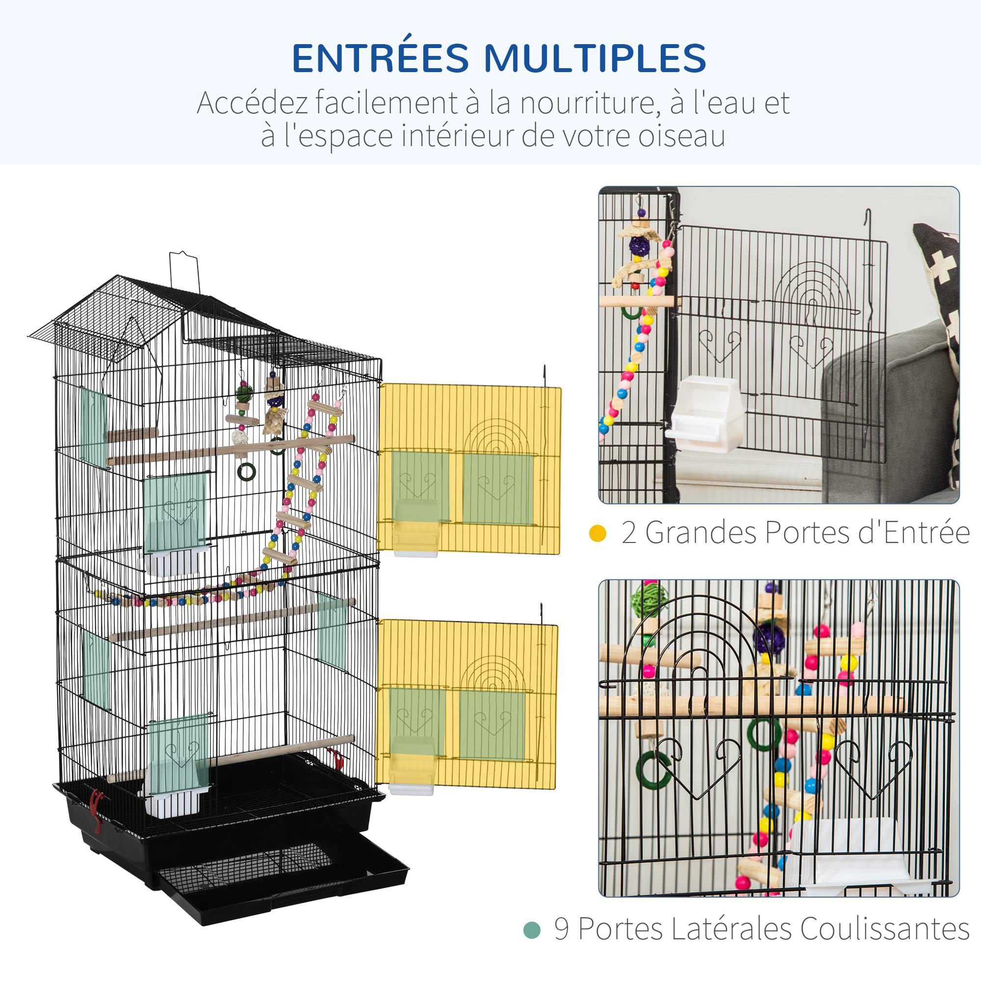 Cage à oiseaux 46 x 36 x 100 cm 4 mangeoires 3 perchoirs cage pour perruche calopsitte conure pinson canaris - Image 9