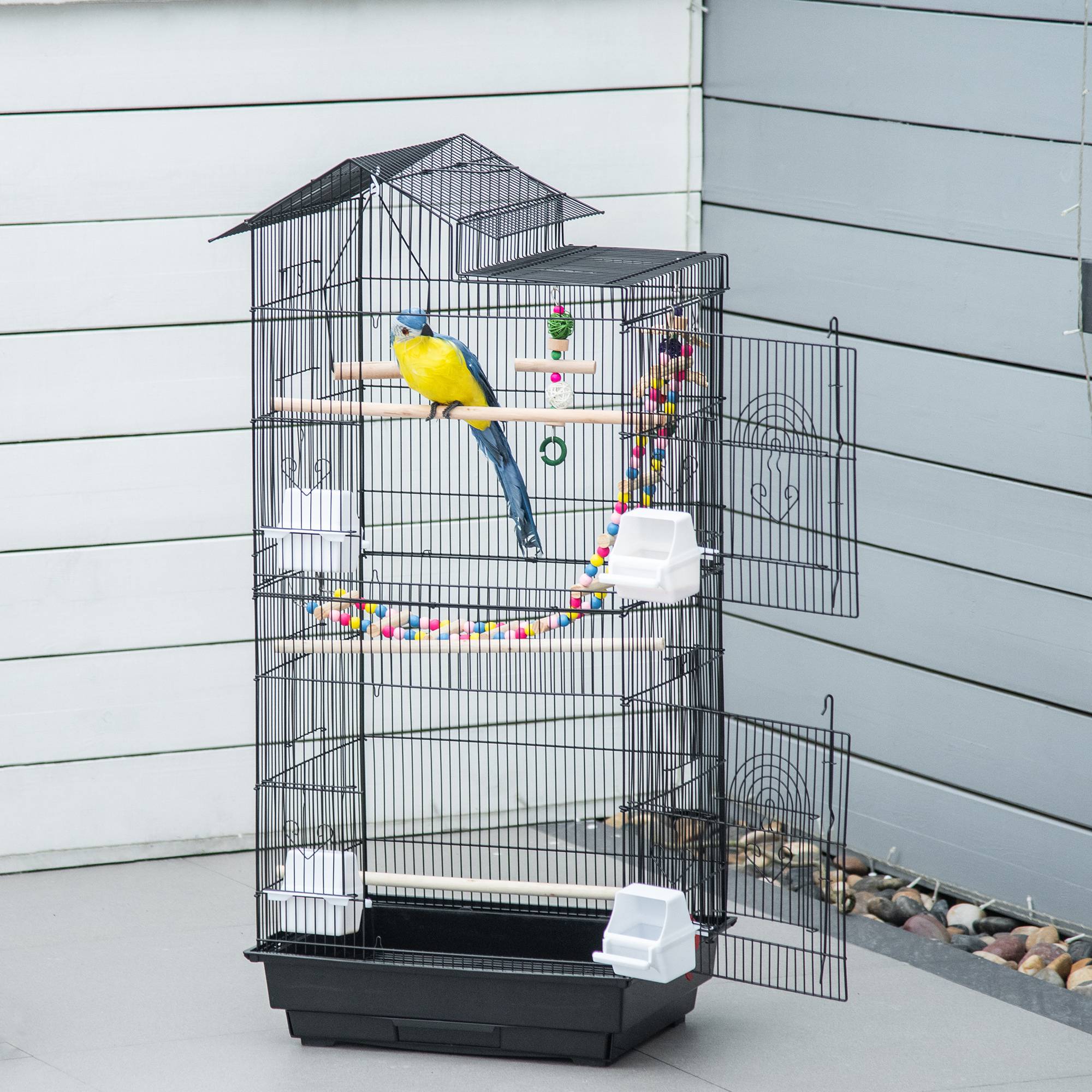 Cage à oiseaux 46 x 36 x 100 cm 4 mangeoires 3 perchoirs cage pour perruche calopsitte conure pinson canaris - Image 3