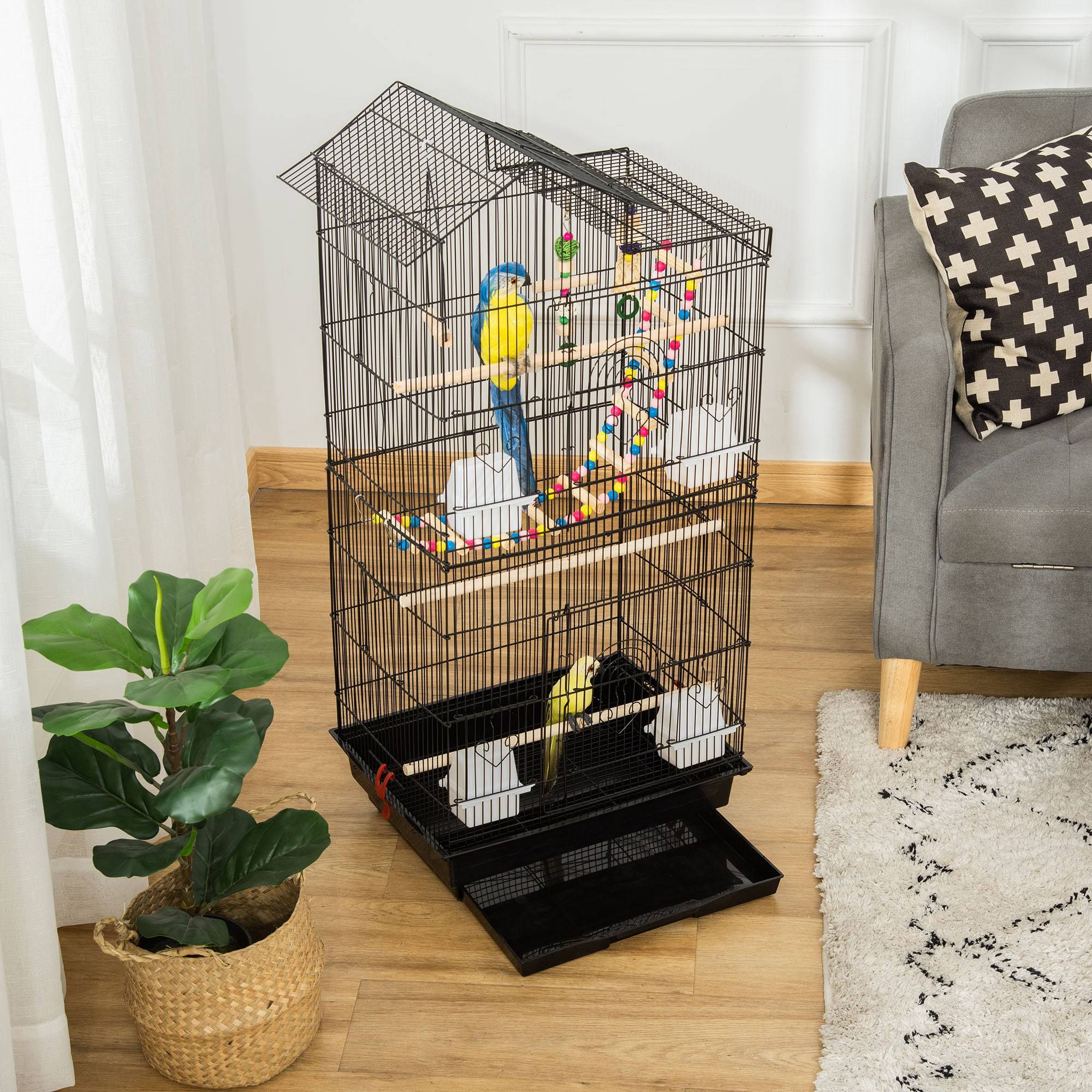 Cage à oiseaux 46 x 36 x 100 cm 4 mangeoires 3 perchoirs cage pour perruche calopsitte conure pinson canaris - Image 4