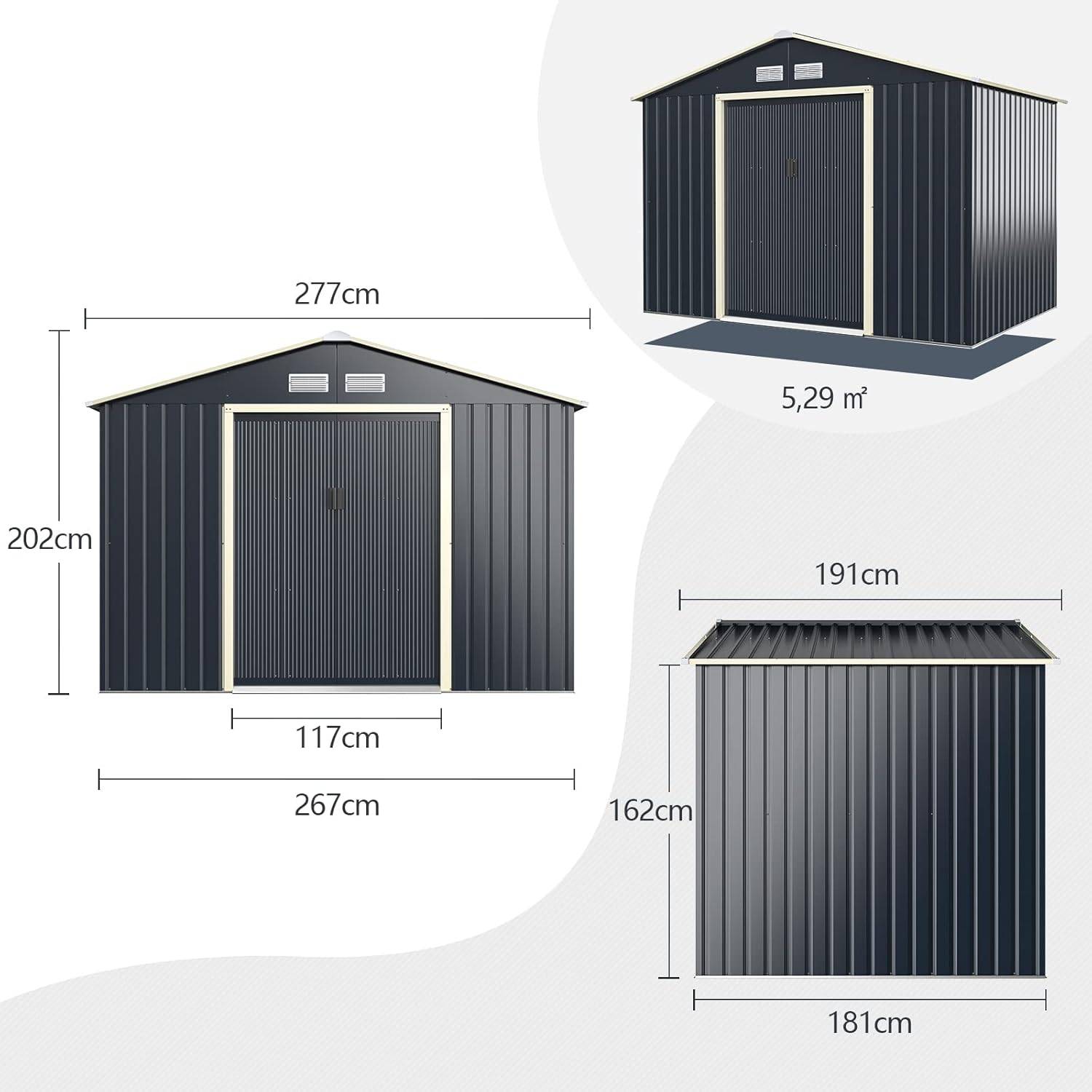 Abri de jardin 5,29 ㎡277 x 191 x 202 cm avec 2 portes coulissantes 4 trous d’aération gris - Image 7