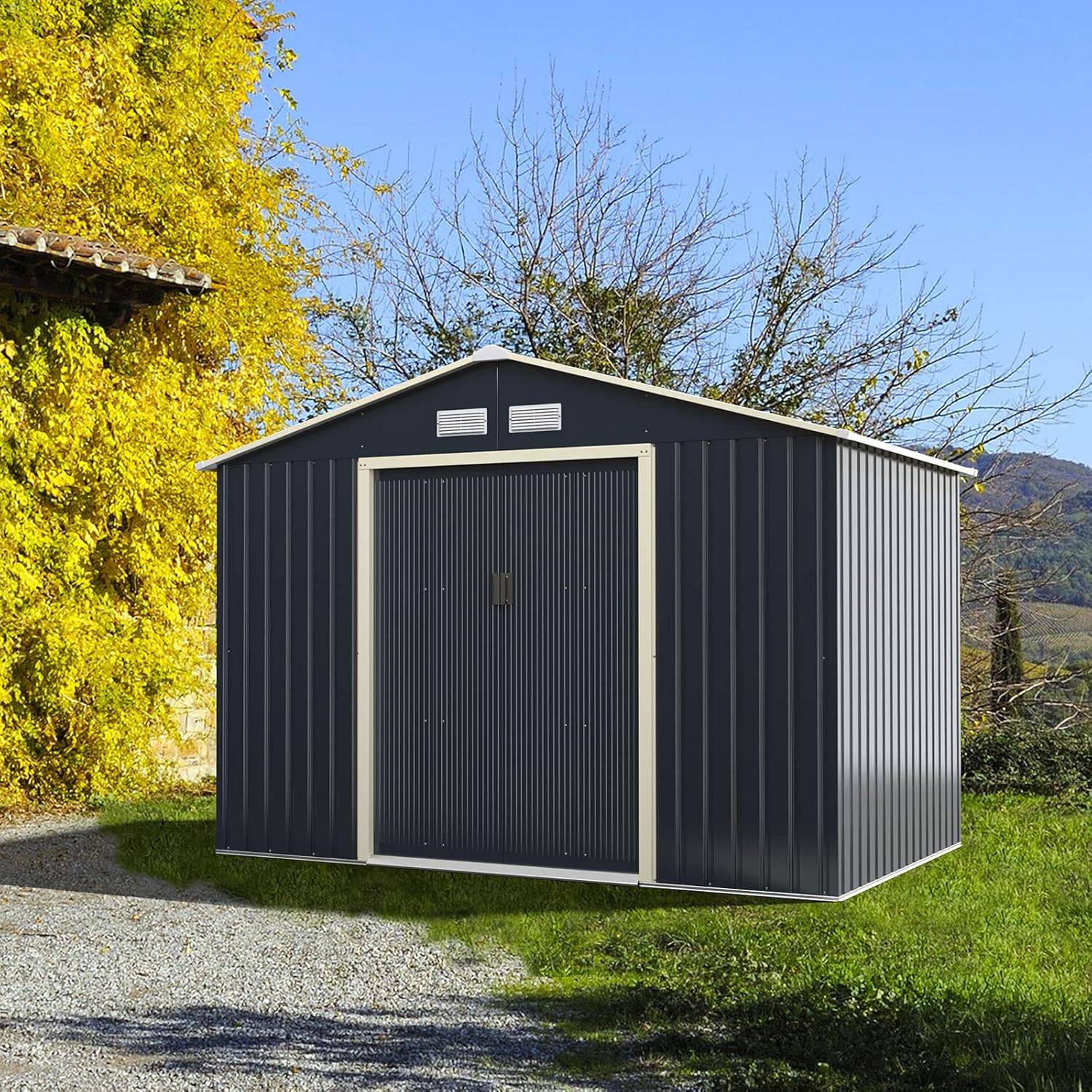 Abri de jardin 5,29 ㎡277 x 191 x 202 cm avec 2 portes coulissantes 4 trous d’aération gris - Image 6