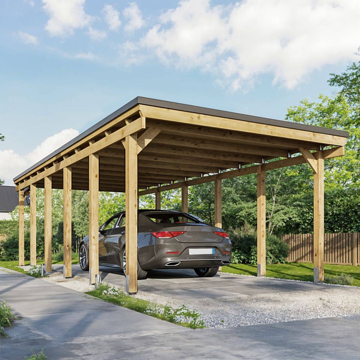 Direct Abris - Carport CASTELLANE en Bois Traité Autoclave - 1 Voiture - 373x860 cm - Support Ancrage Inclus - Revêtement en feutre bitumeux - Image 1