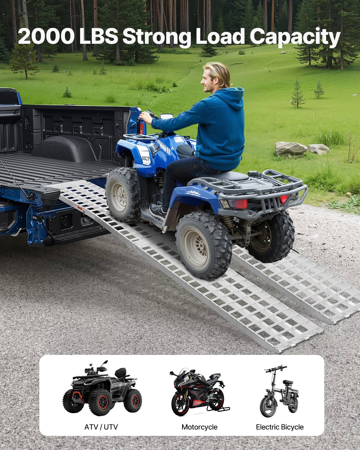 VEVOR Rampe d'accès aluminium pliable, 2 pièces, capacité 907 kg, surface large, pour VTT, UTV, moto, vélo. - Image 2
