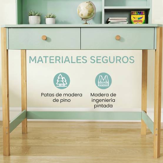 Bureau enfant, table de bureau avec 3 compartiments ouverts et 2 tiroirs, 90 x 52 x 105 cm, vert - Image 7