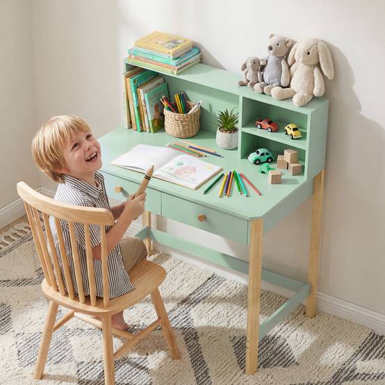 Bureau enfant, table de bureau avec 3 compartiments ouverts et 2 tiroirs, 90 x 52 x 105 cm, vert - Image 3