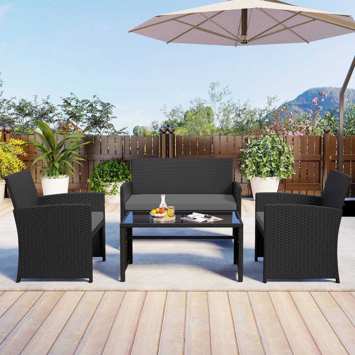 Ensemble de Salon de Jardin en Rotin PE 4 Pièces Canapé 2 Places en Osier avec Fauteuils et Table Basse en Verre Trempé Gris MAISON CHIC - Image 2