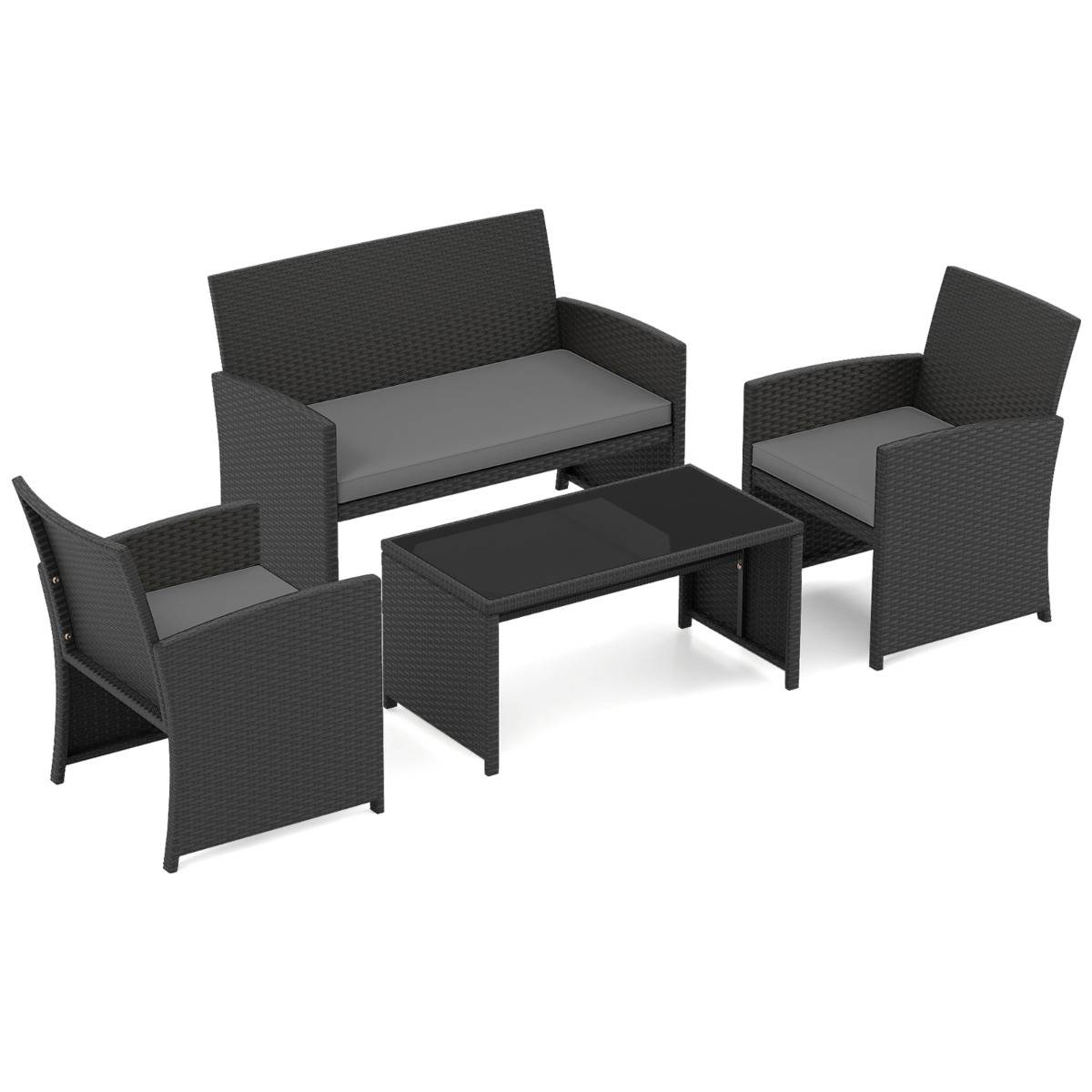 Ensemble de Salon de Jardin en Rotin PE 4 Pièces Canapé 2 Places en Osier avec Fauteuils et Table Basse en Verre Trempé Gris MAISON CHIC - Image 1