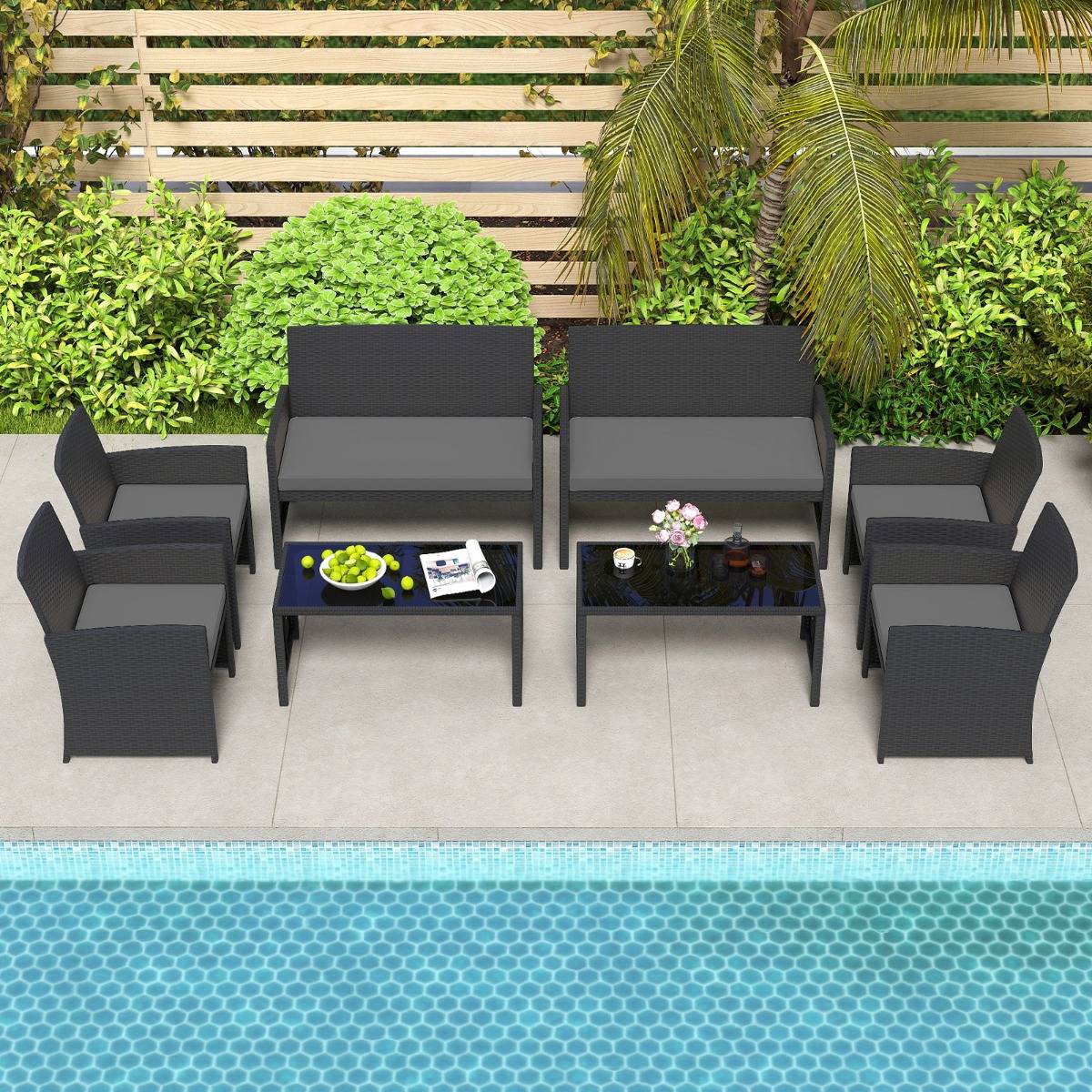Ensemble de Salon de Jardin en Rotin PE 4 Pièces Canapé 2 Places en Osier avec Fauteuils et Table Basse en Verre Trempé Gris MAISON CHIC - Image 6