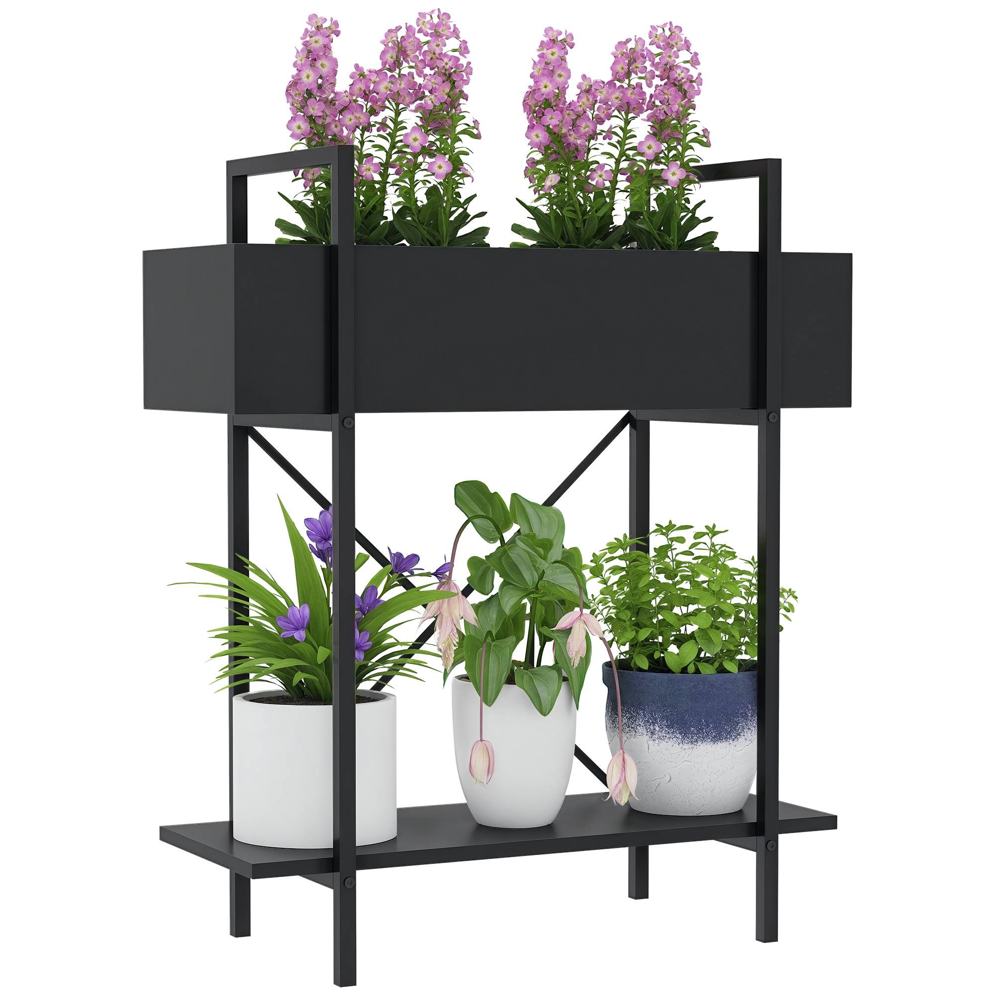 Étagère porte-plantes métal 2 niveaux balcon terrasse trous drainage 60x25x70cm noir - ComfortXL Outdoor Living - Image 1