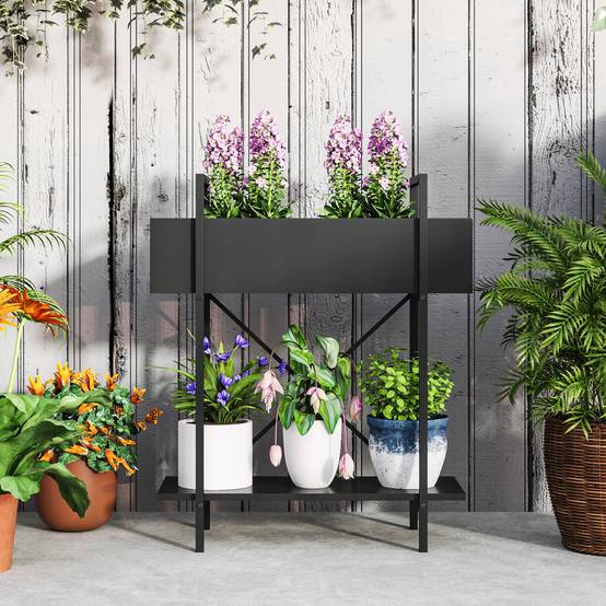 Étagère porte-plantes métal 2 niveaux balcon terrasse trous drainage 60x25x70cm noir - ComfortXL Outdoor Living - Image 10