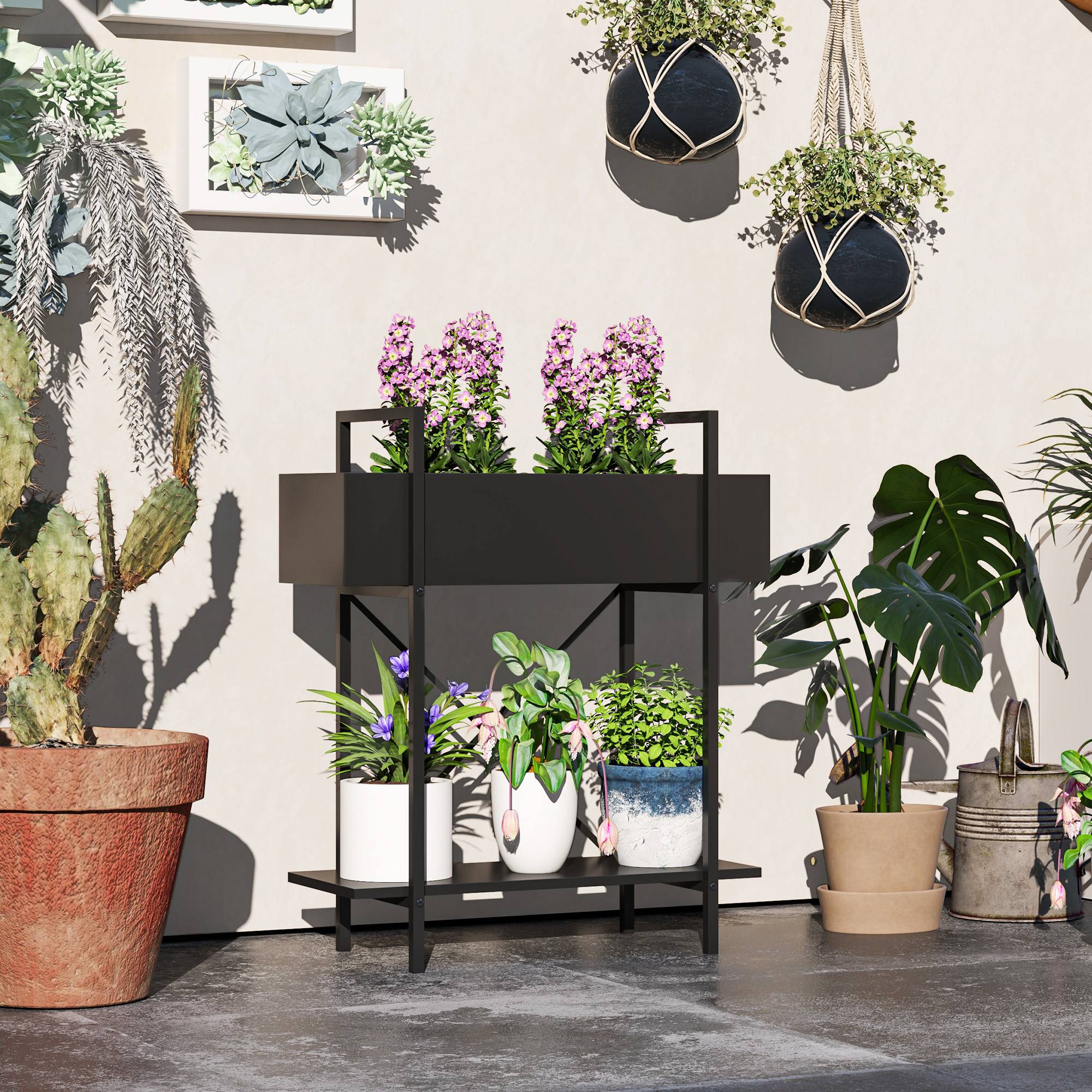 Étagère porte-plantes métal 2 niveaux balcon terrasse trous drainage 60x25x70cm noir - ComfortXL Outdoor Living - Image 3