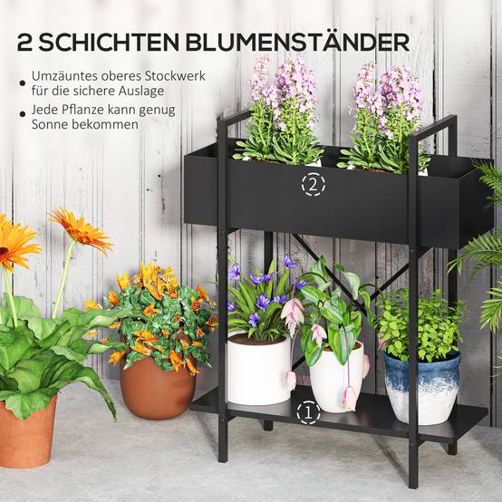 Étagère porte-plantes métal 2 niveaux balcon terrasse trous drainage 60x25x70cm noir - ComfortXL Outdoor Living - Image 6