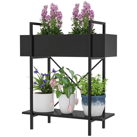Étagère porte-plantes métal 2 niveaux balcon terrasse trous drainage 60x25x70cm noir - ComfortXL Outdoor Living - Image 2