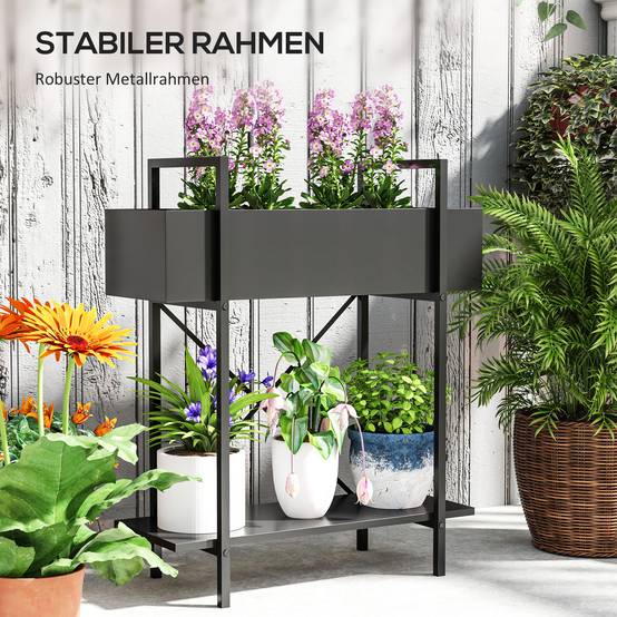 Étagère porte-plantes métal 2 niveaux balcon terrasse trous drainage 60x25x70cm noir - ComfortXL Outdoor Living - Image 8