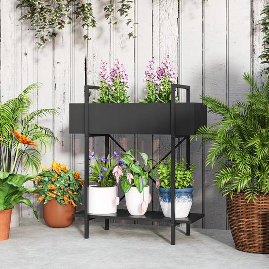 Étagère porte-plantes métal 2 niveaux balcon terrasse trous drainage 60x25x70cm noir - ComfortXL Outdoor Living - Image 4