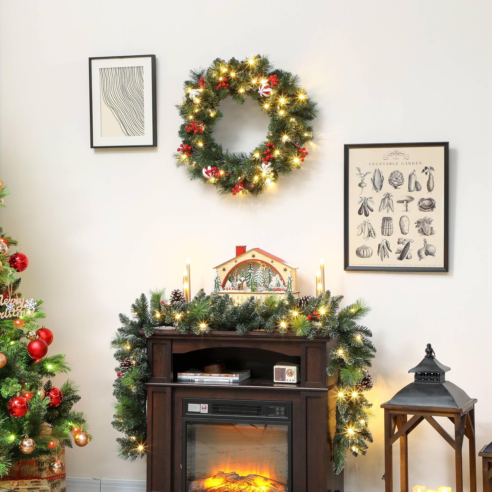 Sans Marque - Couronne de Noël lumineuse 60 cm avec 50 LED, minuterie, 146 pointes, pommes de pin, baies, boules décoratives, vert - Image 3