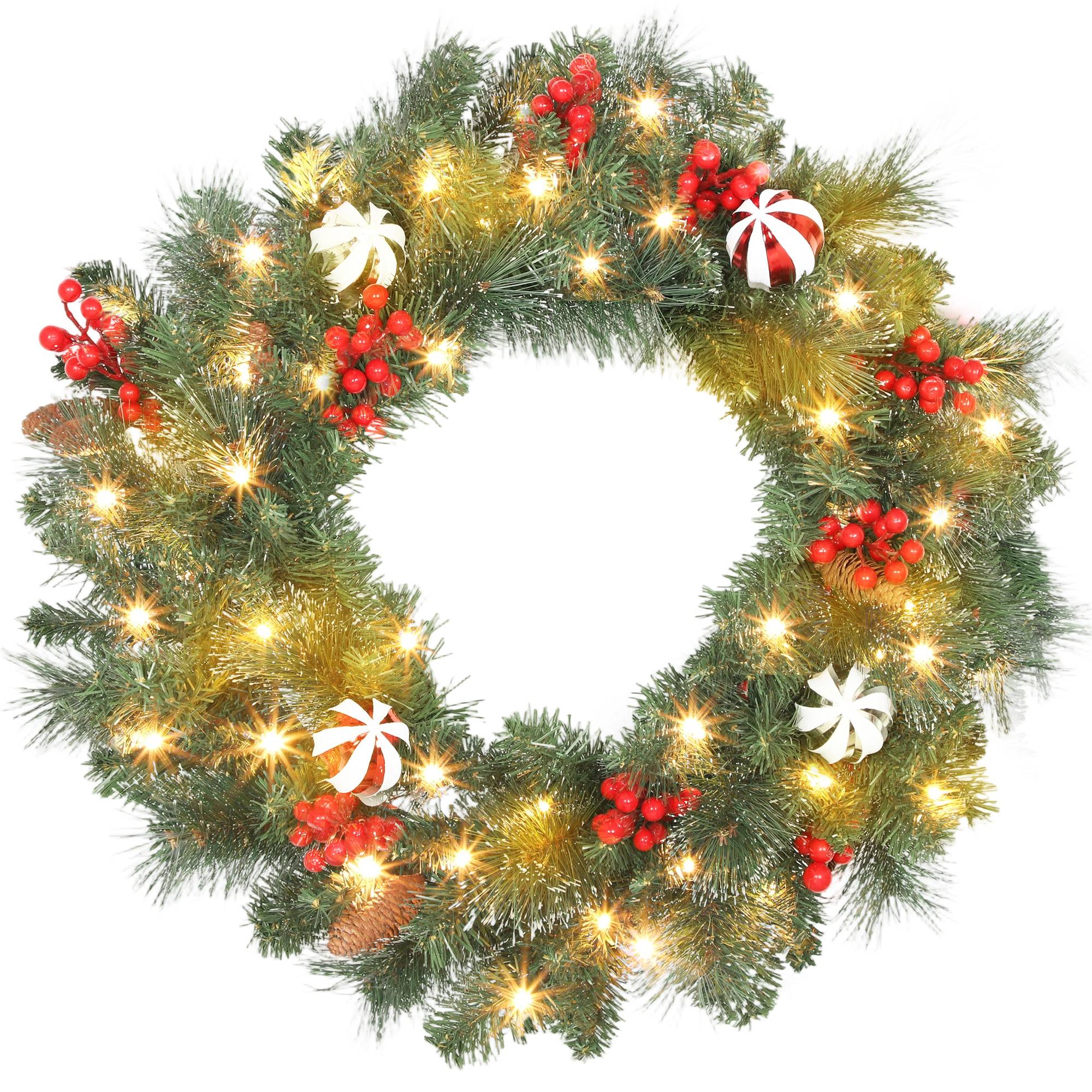 Sans Marque - Couronne de Noël lumineuse 60 cm avec 50 LED, minuterie, 146 pointes, pommes de pin, baies, boules décoratives, vert - Image 1