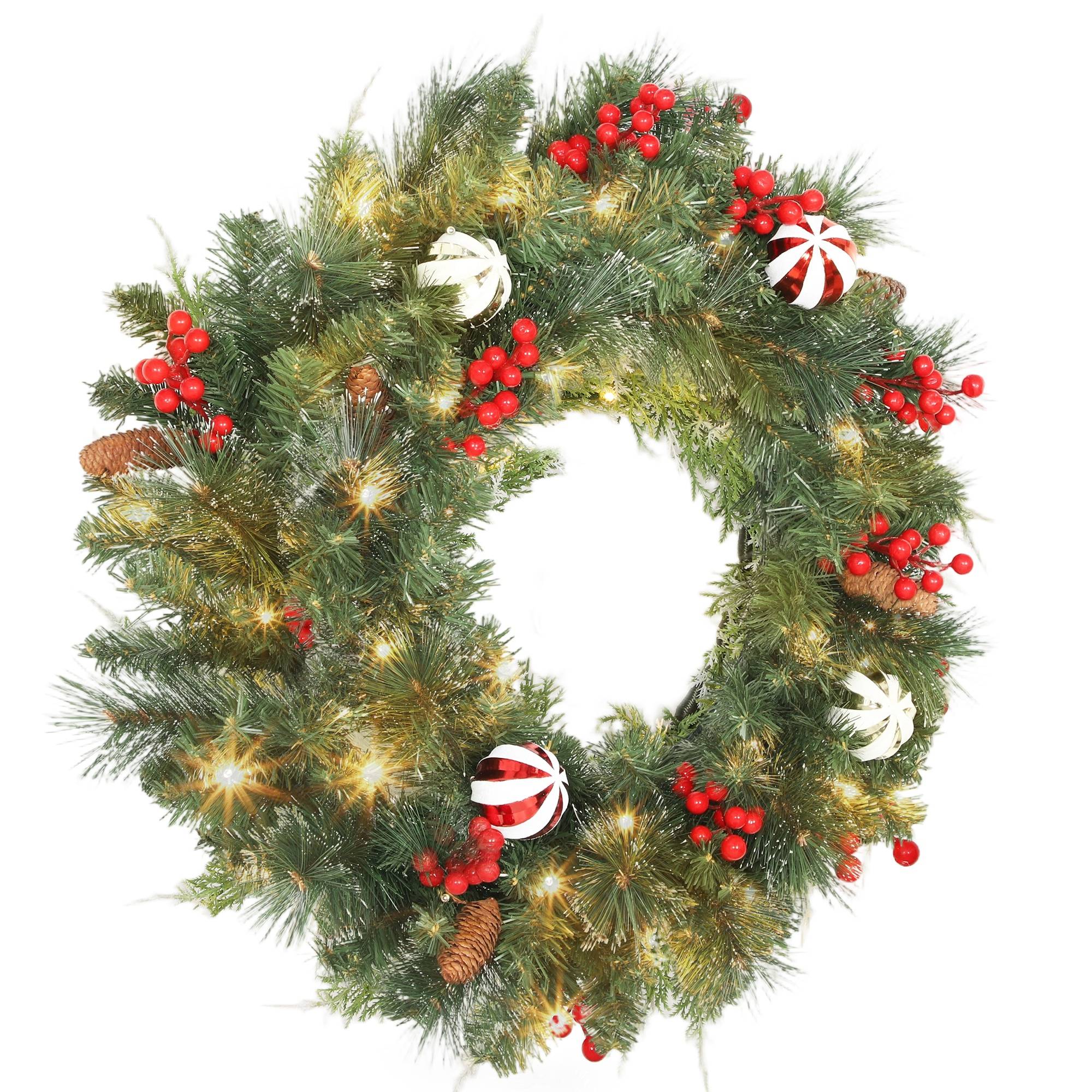 Sans Marque - Couronne de Noël lumineuse 60 cm avec 50 LED, minuterie, 146 pointes, pommes de pin, baies, boules décoratives, vert - Image 2