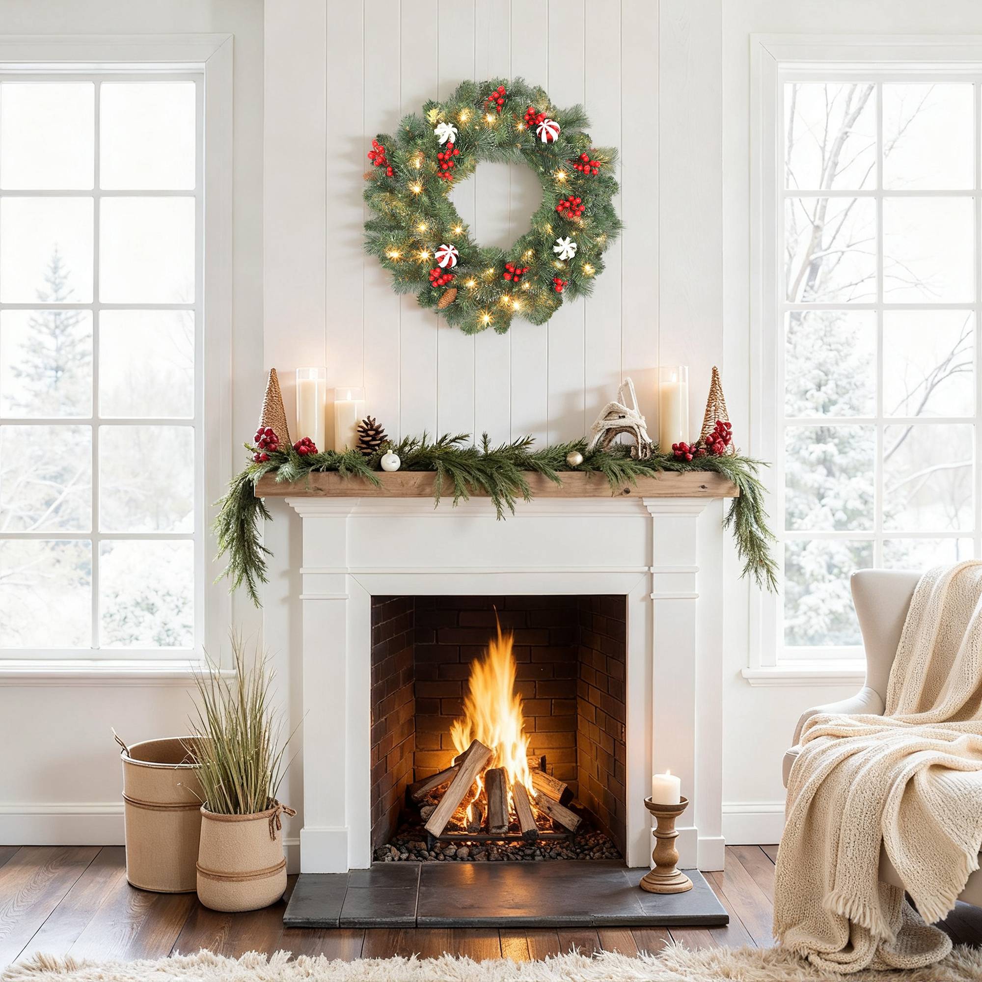 Sans Marque - Couronne de Noël lumineuse 60 cm avec 50 LED, minuterie, 146 pointes, pommes de pin, baies, boules décoratives, vert - Image 9