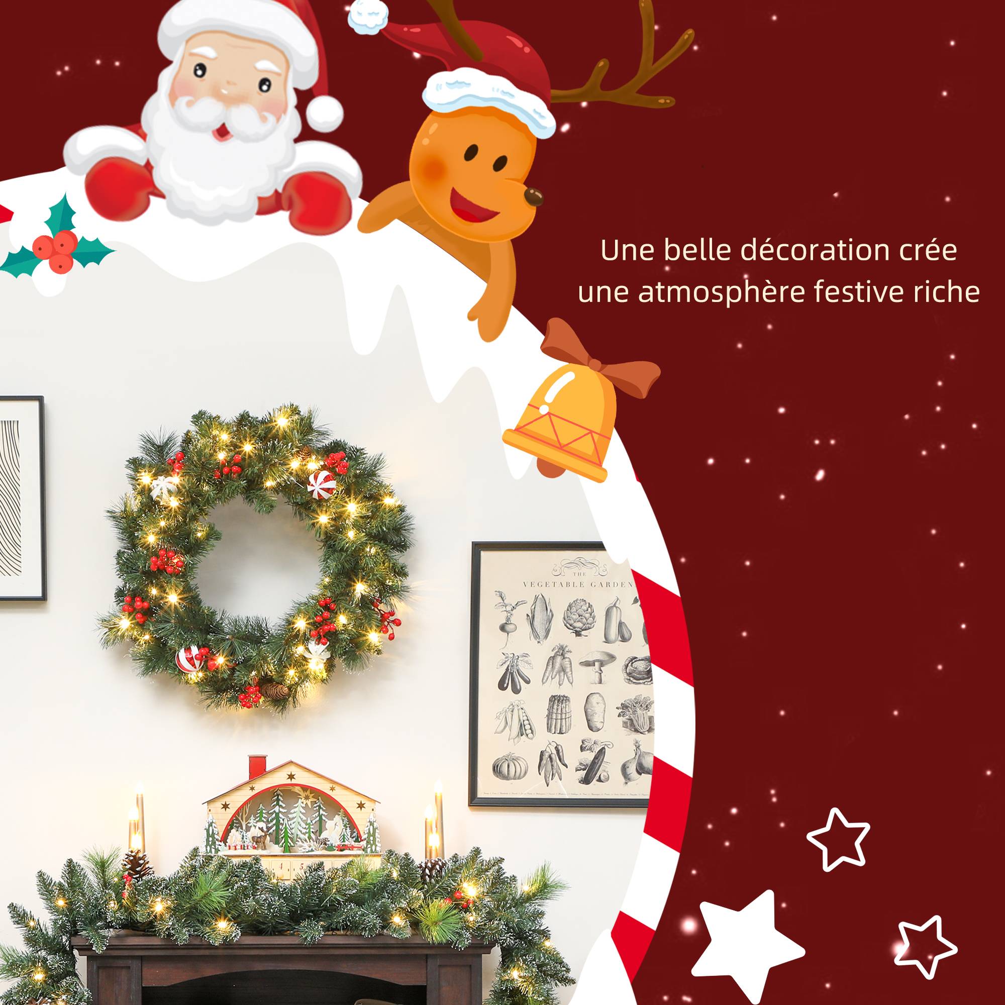 Sans Marque - Couronne de Noël lumineuse 60 cm avec 50 LED, minuterie, 146 pointes, pommes de pin, baies, boules décoratives, vert - Image 6
