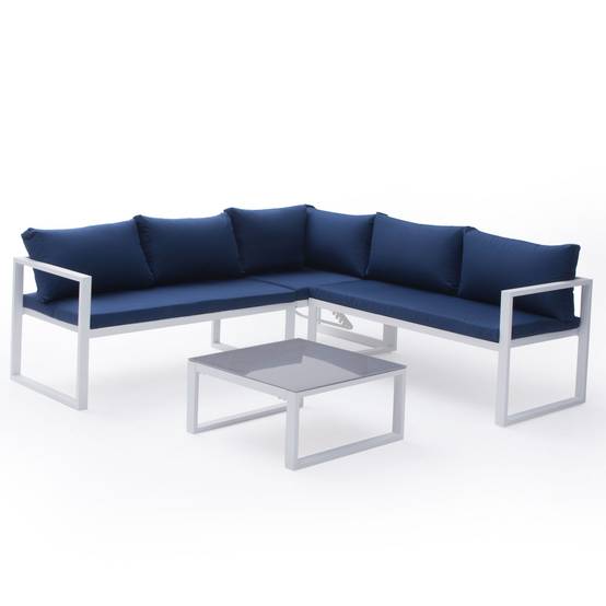 Happy Garden - Salon de jardin modulable IBIZA en tissu bleu 4 places - aluminium blanc - HAPPY GARDEN - Image 8