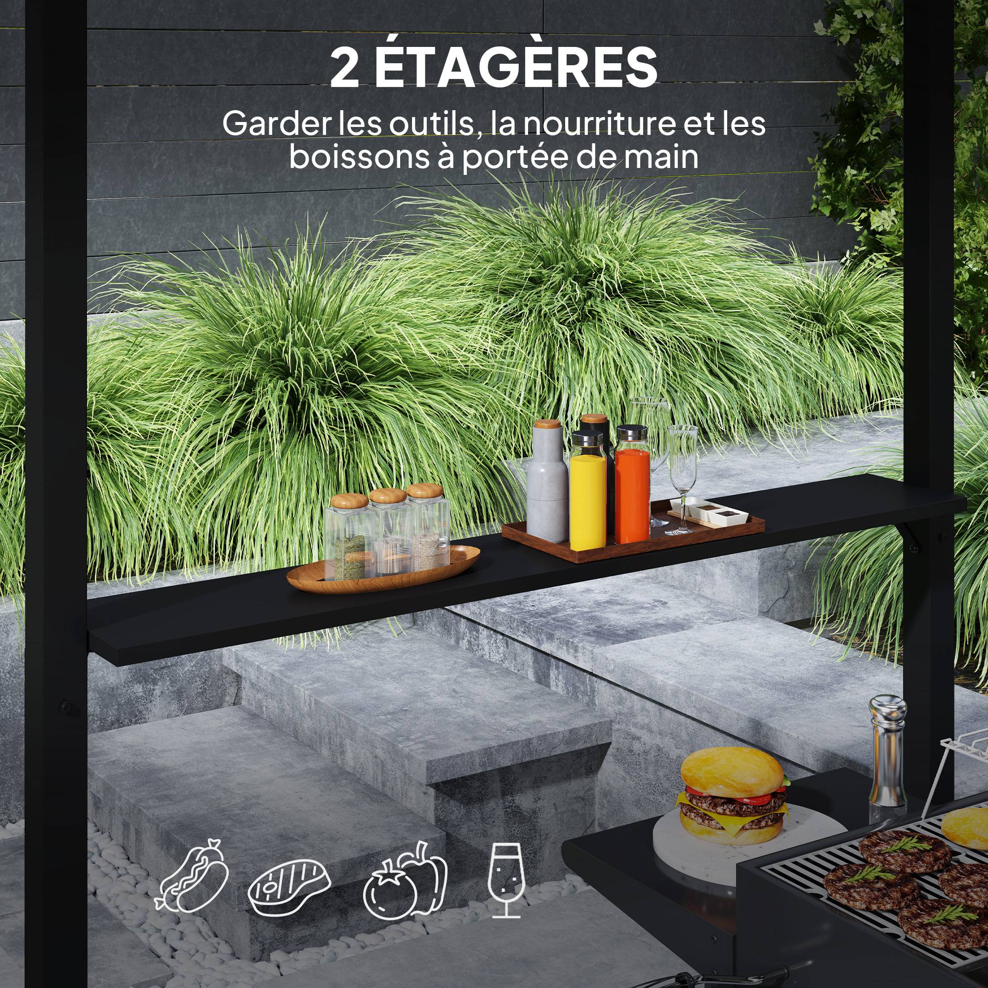 Tonnelle de barbecue abri barbecue à double-toit rigide avec 2 étagères et crochet supérieur, 244x184x258cm, noir - Image 7