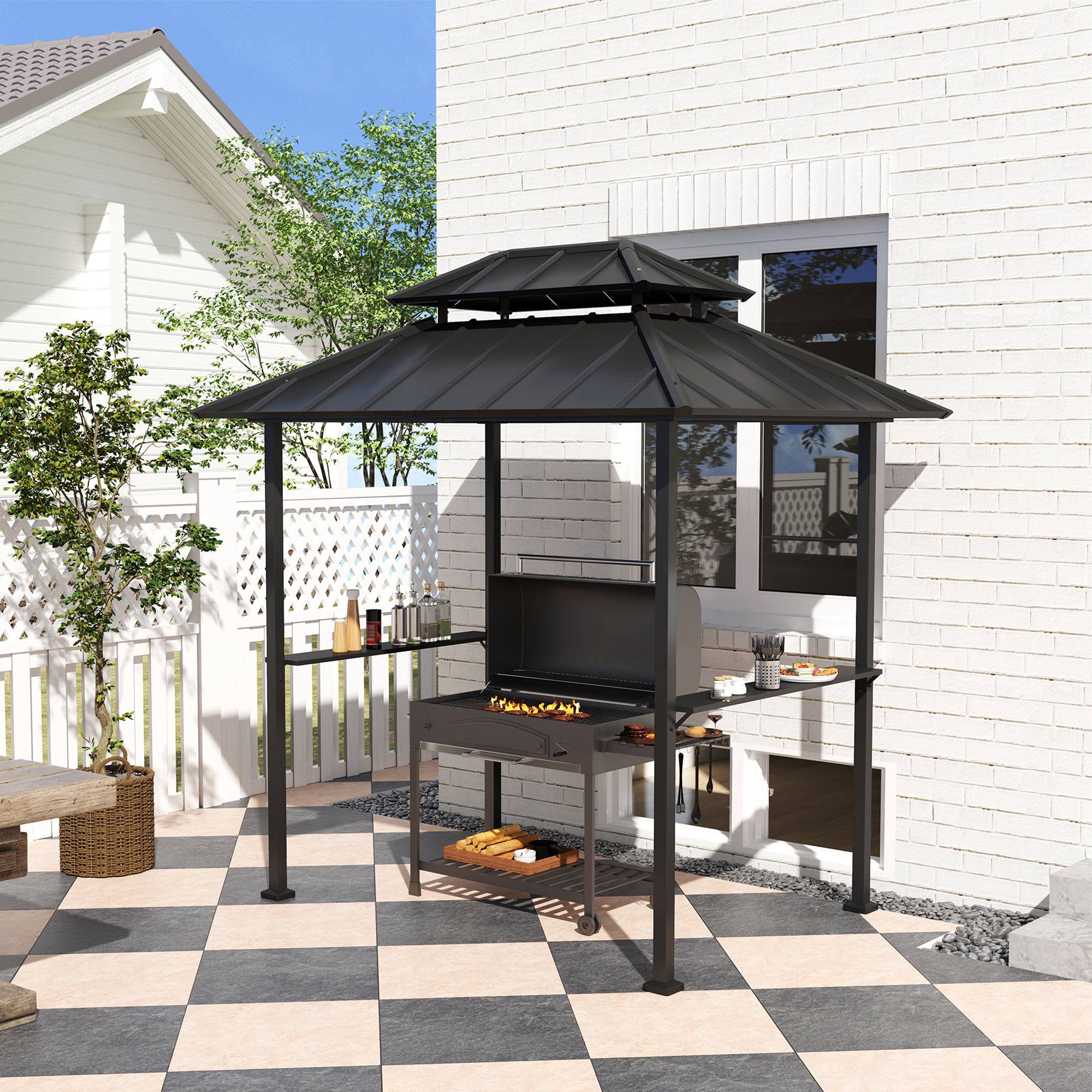 Tonnelle de barbecue abri barbecue à double-toit rigide avec 2 étagères et crochet supérieur, 244x184x258cm, noir - Image 4