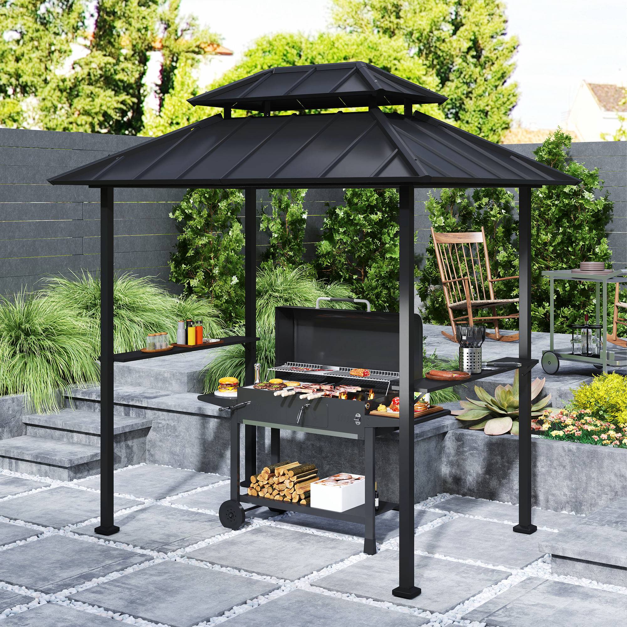 Tonnelle de barbecue abri barbecue à double-toit rigide avec 2 étagères et crochet supérieur, 244x184x258cm, noir - Image 3