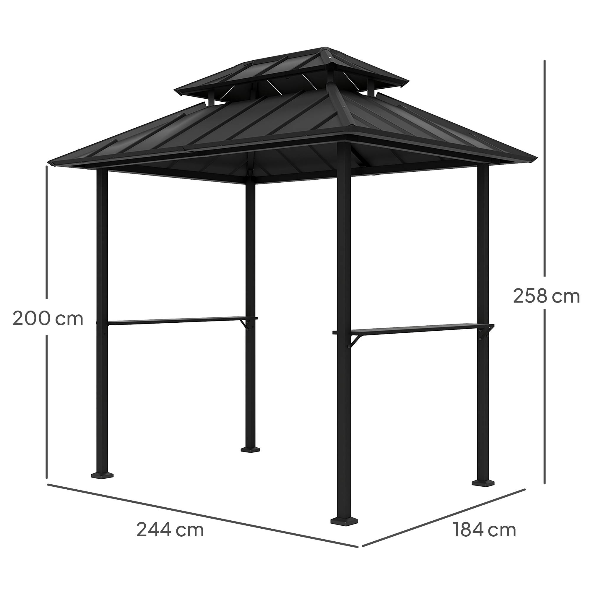 Tonnelle de barbecue abri barbecue à double-toit rigide avec 2 étagères et crochet supérieur, 244x184x258cm, noir - Image 5