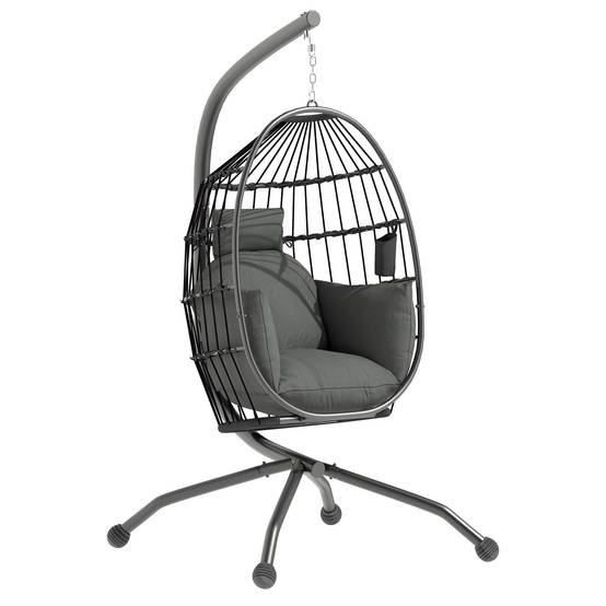 Fauteuil à bascule suspendu d’extérieur avec siège en osier pliant et coussins épais, pied, appuie-tête, porte-gobelet, noir - Image 1