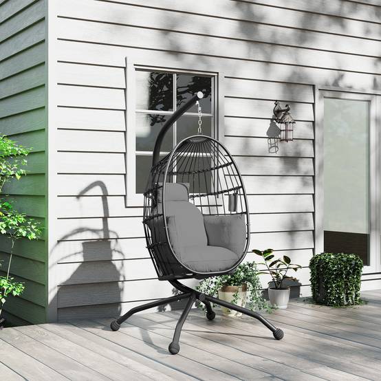 Fauteuil à bascule suspendu d’extérieur avec siège en osier pliant et coussins épais, pied, appuie-tête, porte-gobelet, noir - Image 8