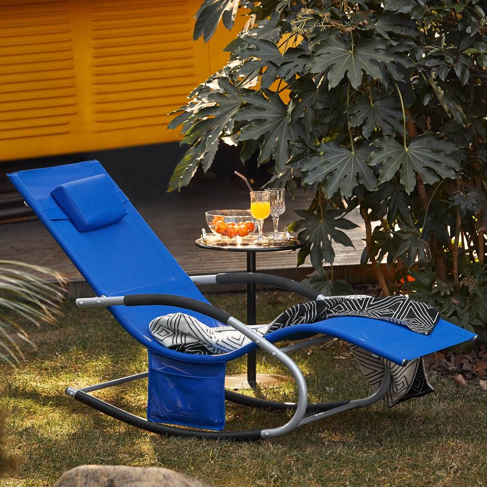 Bain de Soleil Transat de Jardin avec Appui-tête et Pochette latérale et Repose-Pieds Bleu Royal L.150 x l.63 x H.83 cm SoBuy - Image 10