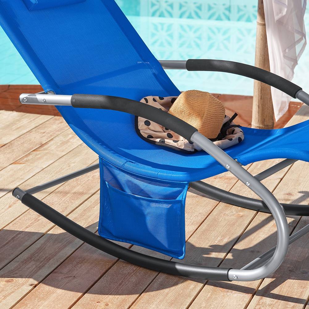 Bain de Soleil Transat de Jardin avec Appui-tête et Pochette latérale et Repose-Pieds Bleu Royal L.150 x l.63 x H.83 cm SoBuy - Image 5