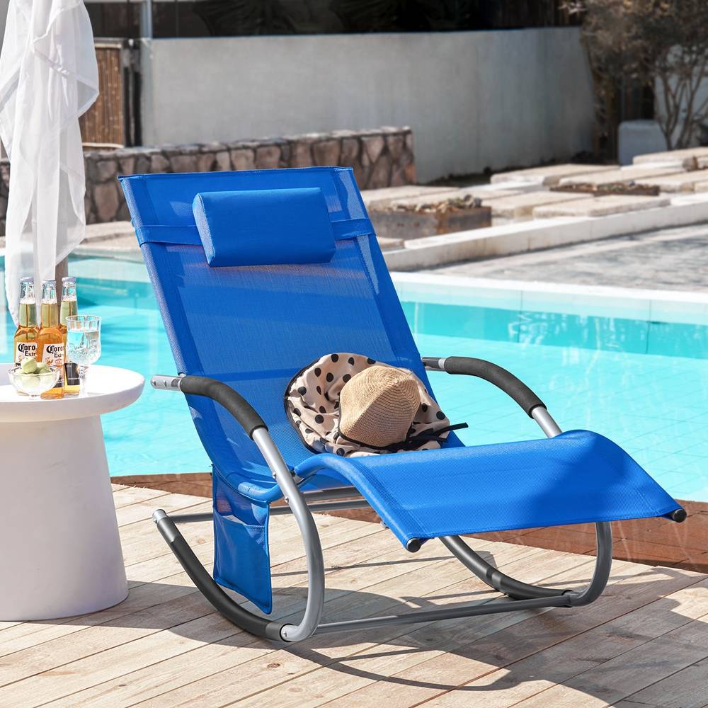 Bain de Soleil Transat de Jardin avec Appui-tête et Pochette latérale et Repose-Pieds Bleu Royal L.150 x l.63 x H.83 cm SoBuy - Image 2